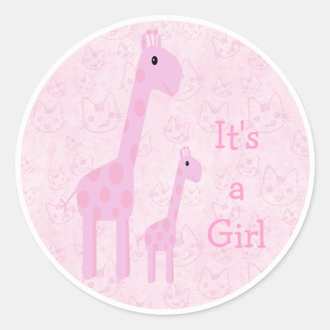 Cute Pink Giraffes & Cats Its A Girl New Baby Classic Round Sticker (Front)