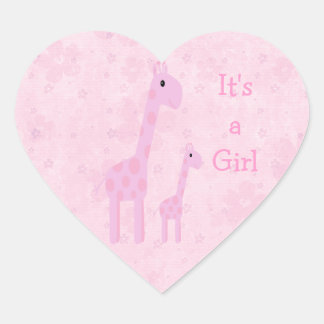 Cute Pink Giraffes & Flowers Its A Girl New Baby Heart Sticker
