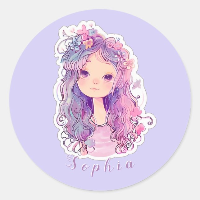 Cute pink girl 3, personalised classic round sticker (Front)