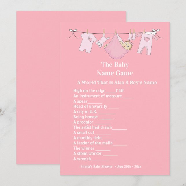 Cute Pink Girl Baby Shower Guessing Game  Invitation (Front/Back)
