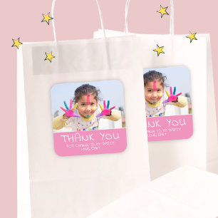 Cute Pink Girl Birthday Photo Thank you Square Sticker