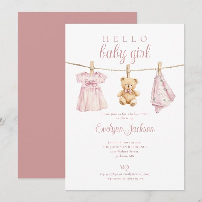 Cute Pink Girl Clothesline Baby Shower Invitation (Front/Back)