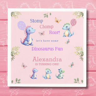 Cute Pink Girl Dinosaur 1st Birthday Party Napkin