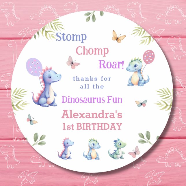 Cute Pink Girl Dinosaur 1st Birthday Thank You Classic Round Sticker (Creator Uploaded)