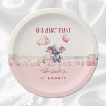 Cute Pink Girl Elephant 1st Birthday Party Paper Plate<br><div class="desc">Oh what Fun! Customise this Cute Elephant holding a Balloon Paper Plate with your Baby Girl's Name. The Whimsical Floating Elephant and Pretty Dusty Pink Flowers in the Background are perfect for a Little Girl's 1st Birthday Party Celebration.</div>