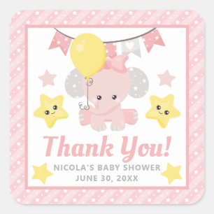 Cute Pink Girl Elephant Baby Shower Square Sticker