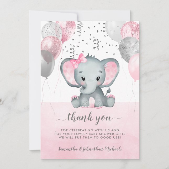 Cute Pink Girl Elephant Balloons Baby Shower Thank You Card (Front)