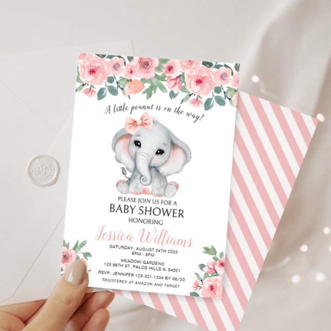 Cute pink girl elephant little peanut baby shower invitation (Creator Uploaded)