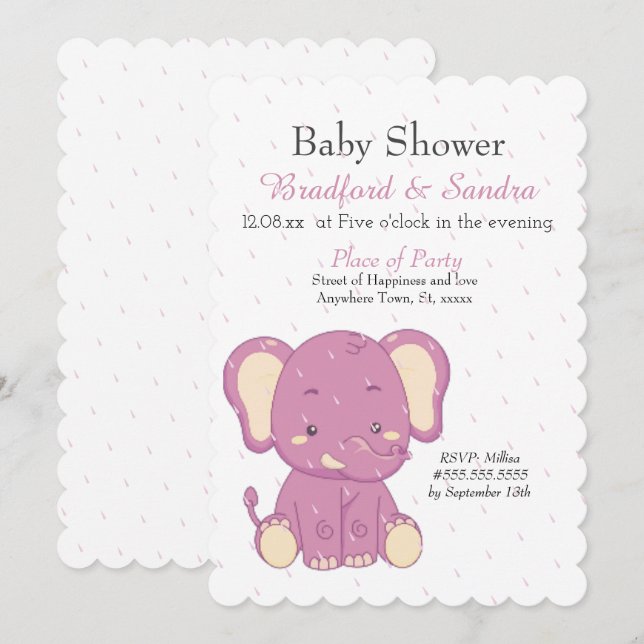 Cute Pink Girl Elephant Simple Baby Shower  Invitation (Front/Back)