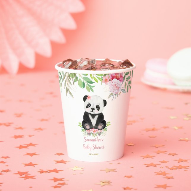 Cute Pink Girl Floral Panda Bear Baby Shower Paper Cups (Insitu)
