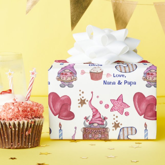 Cute Pink Girl Gnome Five Year Old Birthday Wrapping Paper (Birthday Party)