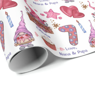 Cute Pink Girl Gnome Seven Year Old Birthday Wrapping Paper