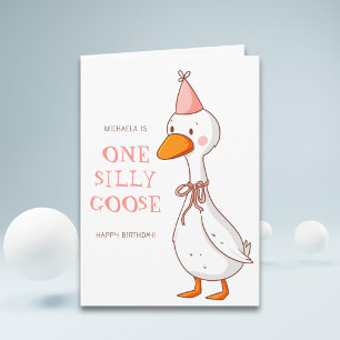 Cute Pink Girl One Silly Goose Birthday Card