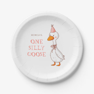 Cute Pink Girl One Silly Goose Birthday Paper Plate