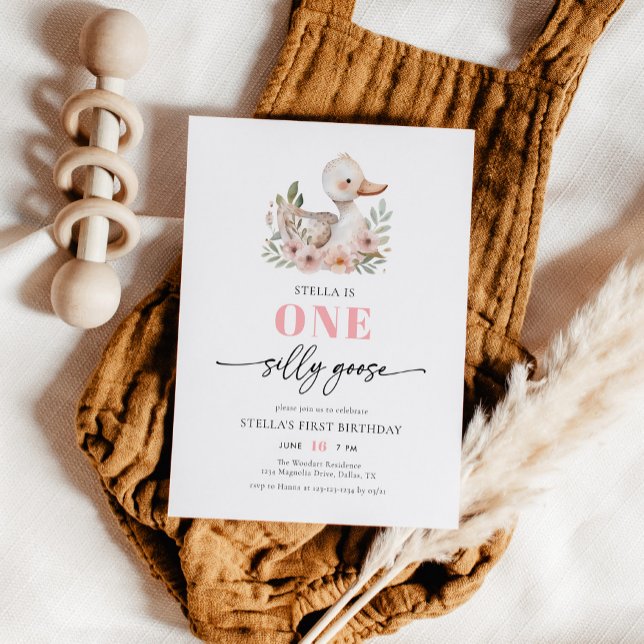 Cute Pink Girl One Silly Goose Birthday Party Invitation (Creator Uploaded)