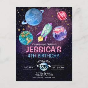 Cute Pink Girl Party Astronaut Birthday Postcard