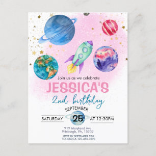 Cute Pink Girl Party Astronaut Birthday Postcard
