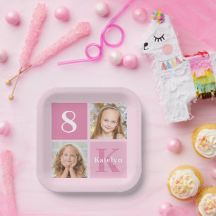 Cute Pink Girl Photo Collage Custom Birthday Party Paper Plate