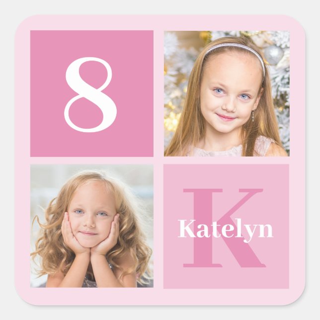 Cute Pink Girl Photo Collage Custom Birthday Party Square Sticker (Front)