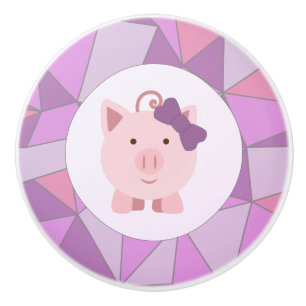 Cute Pink Girl Pig with Colourful Background Ceramic Knob