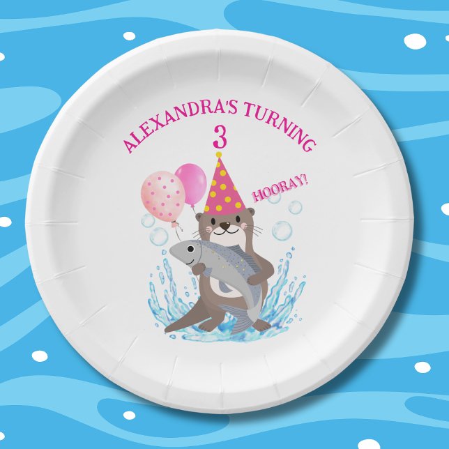 Cute Pink Girl Sea Otter Birthday Party Paper Plate (Creator Uploaded)