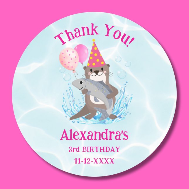 Cute Pink Girl Sea Otter Birthday Party Thank You Classic Round Sticker (Creator Uploaded)