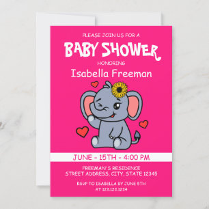 Cute Pink Girl Sunflower Elephant Baby Shower Invitation