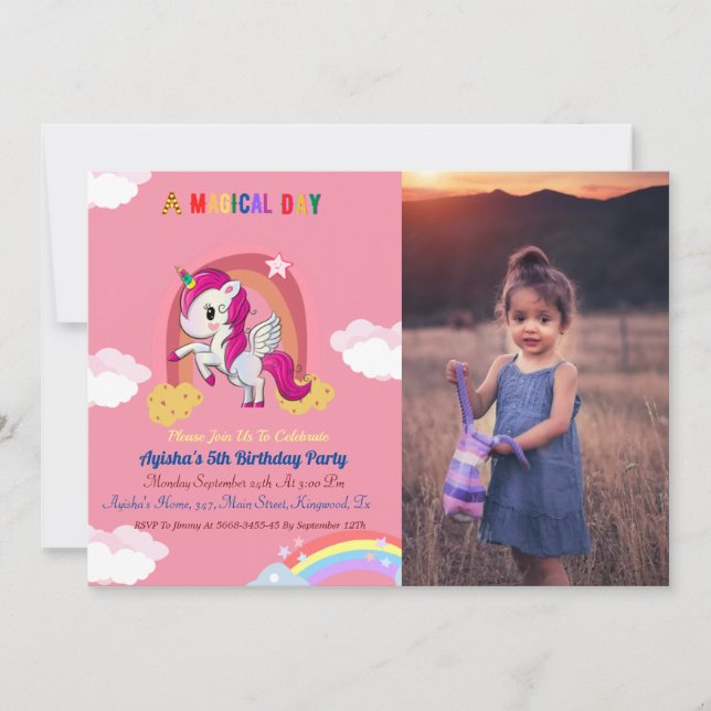 Cute Pink girl Unicorn Birthday Party Invitation (Front)
