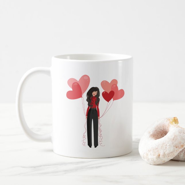 Cute pink girl with heart balloons coffee mug (With Donut)