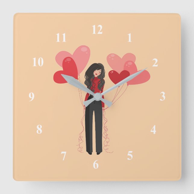 Cute pink girl with heart balloons square wall clock (Front)