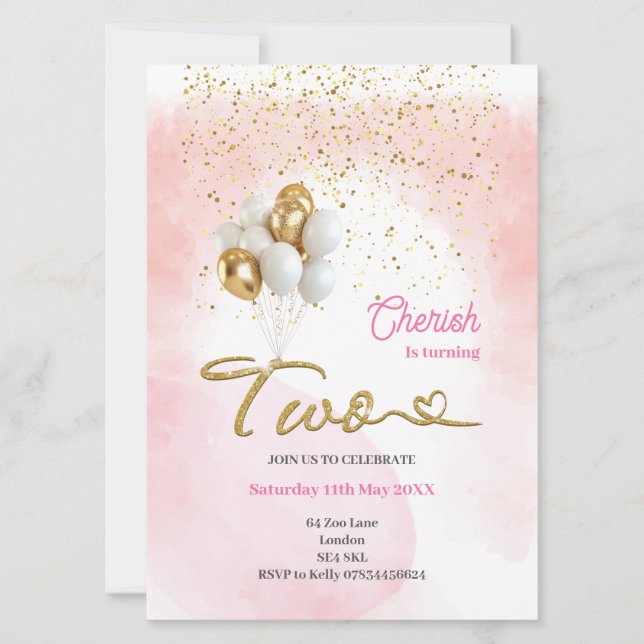 Cute Pink Girls' 2nd Birthday Invitation  (Front)