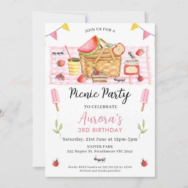 Cute Pink Girls Any Age Picnic Birthday Invitation (Front)