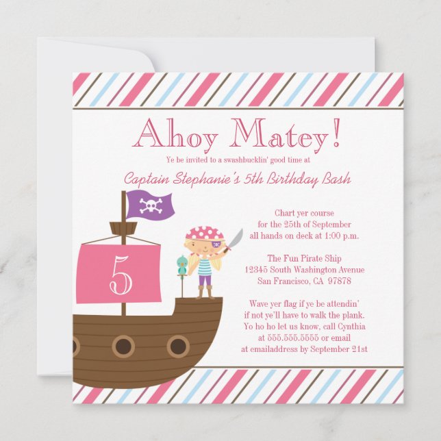 Cute pink girl's pirate birthday party invitation (Front)