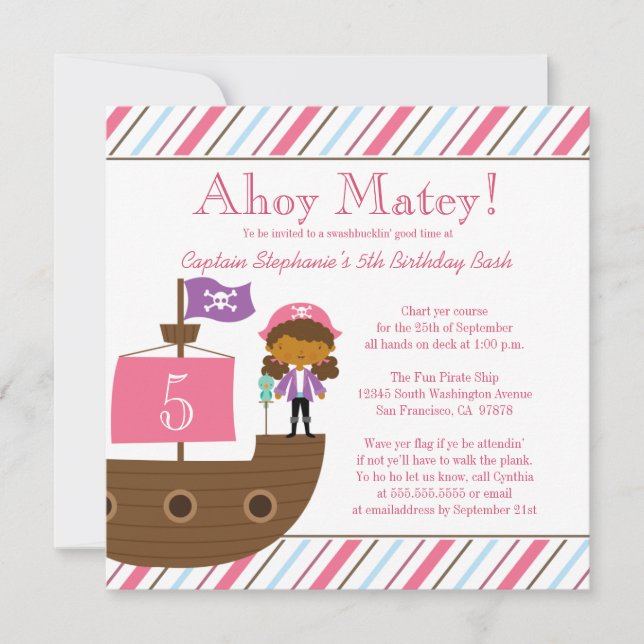 Cute pink girl's pirate birthday party invitation (Front)