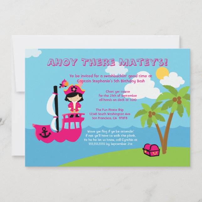 Cute pink girl's pirate birthday party invitation (Front)