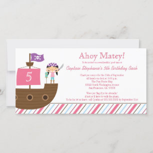 Cute pink girl's pirate birthday party invitation