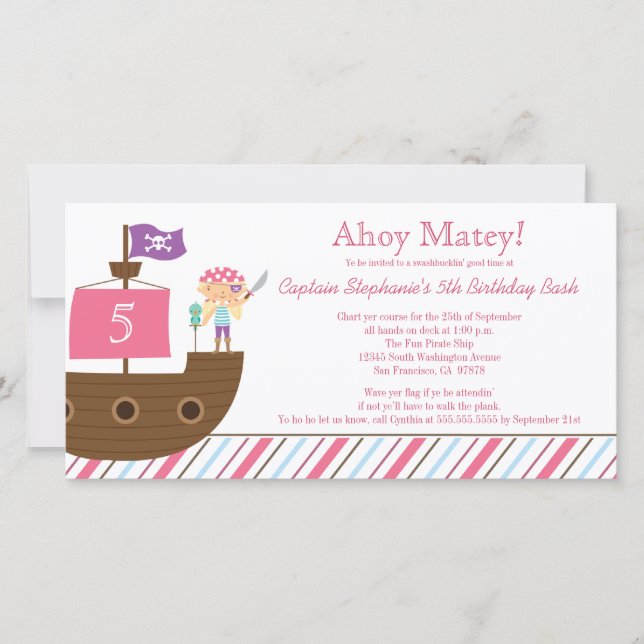 Cute pink girl's pirate birthday party invitation (Front)