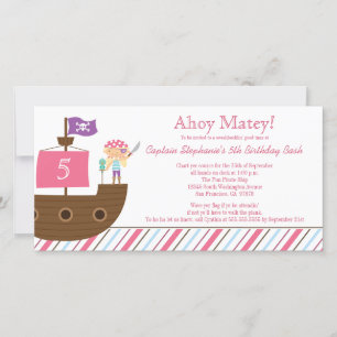 Cute pink girl's pirate birthday party invitation