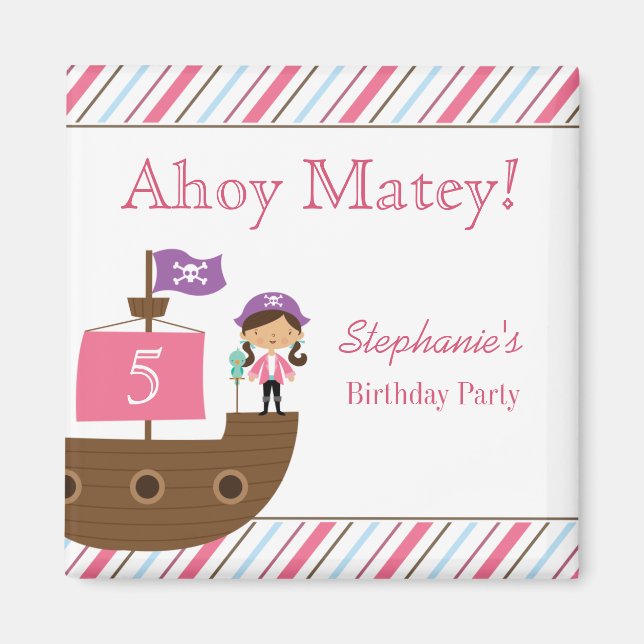 Cute pink girl's pirate birthday party magnets (Front)