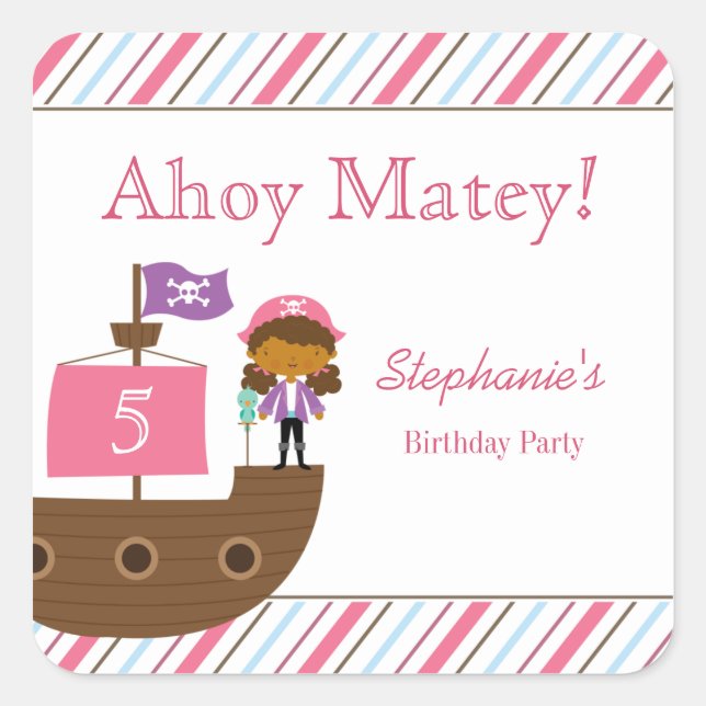 Cute pink girl's pirate birthday party stickers (Front)