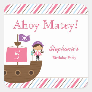 Cute pink girl's pirate birthday party stickers