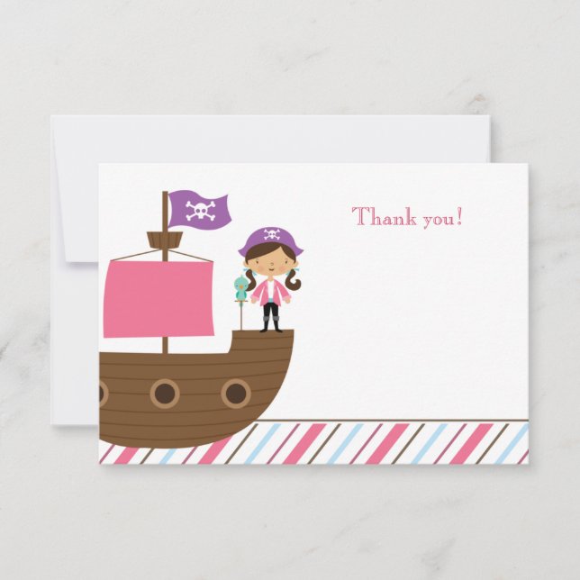 Cute pink girl's pirate birthday party thank you note card (Front)