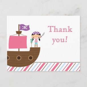 Cute pink girl's pirate birthday party thank you postcard