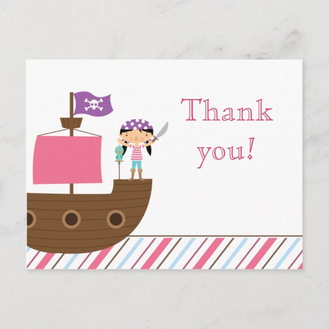 Cute pink girl's pirate birthday party thank you postcard (Front)