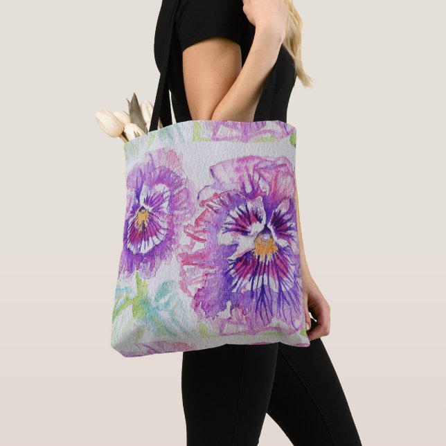 Cute Pink Girls Purple Pansy art Grocery Tote Bag (Close Up)