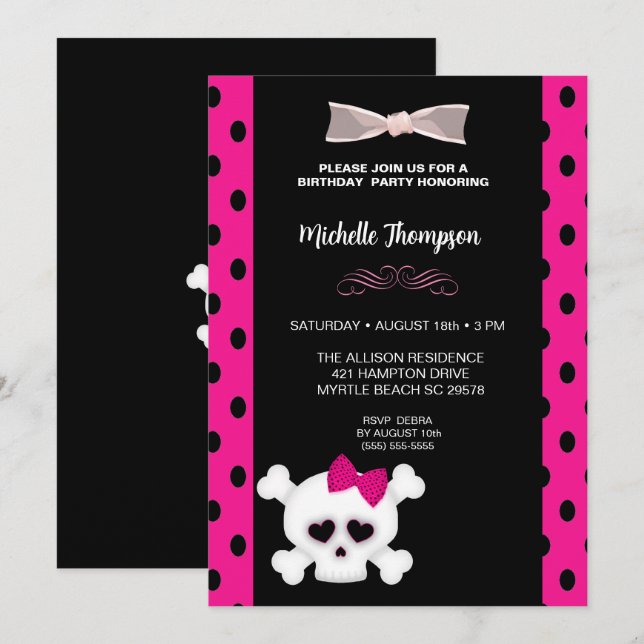 Cute Pink Girls Skull  Birthday Invitation (Front/Back)