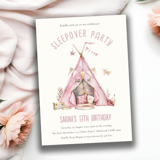 Cute Pink Girls Tent Sleepover Watercolor Birthday Invitation (Creator Uploaded)