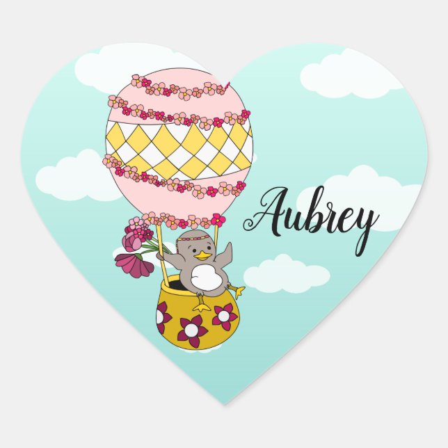 Cute Pink Girly Boho Flower Bird Hot Air Balloon Heart Sticker (Front)