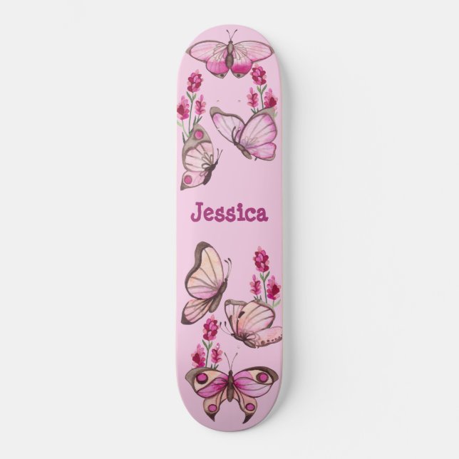 Cute Pink Girly Butterflies Floral Monogram Skateboard (Front)