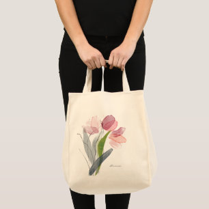 Cute Pink Girly Floral Tulips Green Leaves Tote Bag